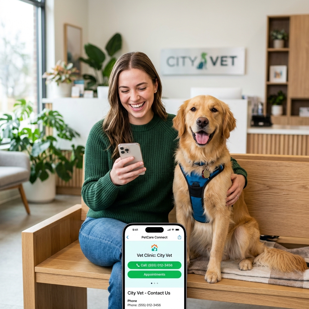 Person looking at veterinary network app with dog
